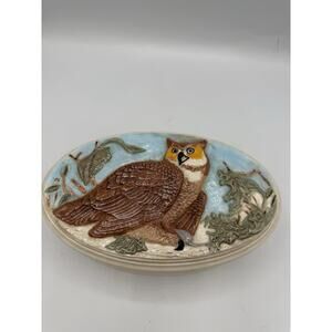Vintage Embossed Owl Ceramic Trinket Box M.R. Signed Oval Nature Scene 8x5”
